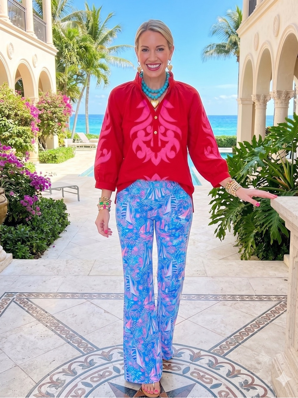 Lilly Pulitzer Blue & Pink Sailprint Wide-Leg Pants